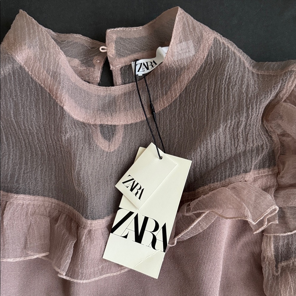 New ZARA Ruffle Organza Contrasting Knit Top Puff Sleeve Blouse in Taupe Size L - Picture 5 of 5